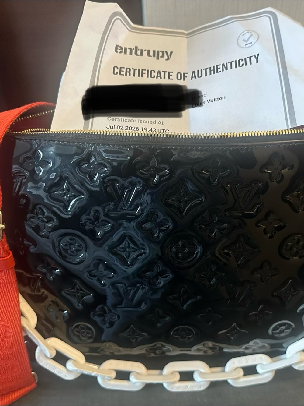 Louis Vuitton Black Vernis Crossbody with White Chain strap and red strap